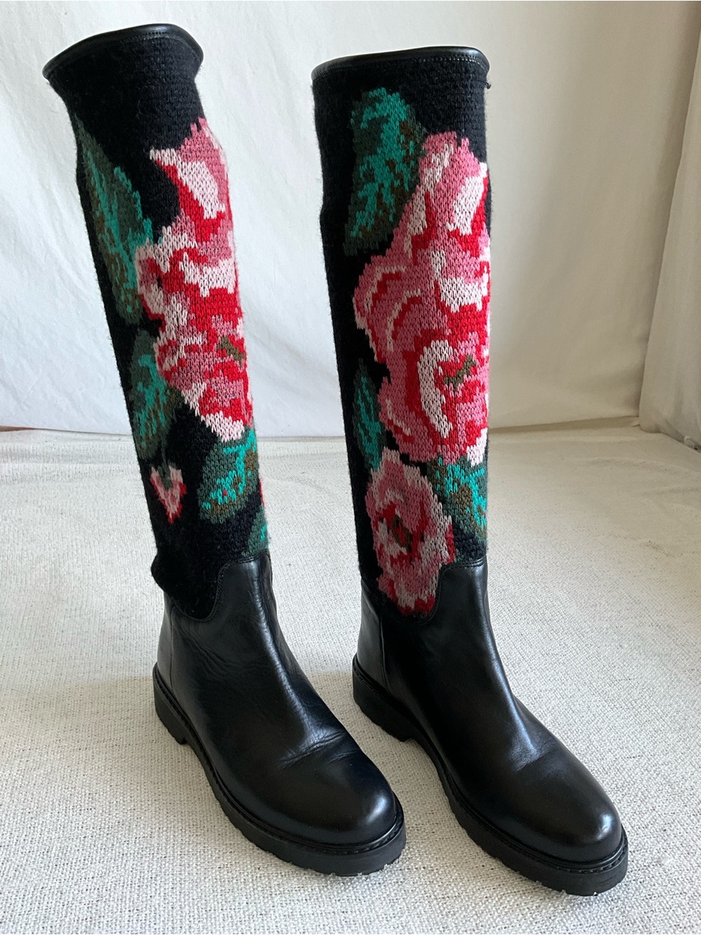 TWIN-SET Simona Barbieri Floral Knit Sock Boots 39.5 Leather Knee High Rose